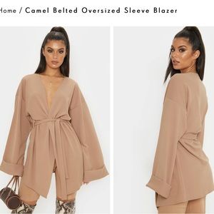PLT Camel Belted Oversized Sleeve Blazer